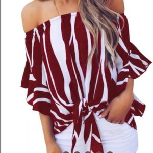 Off the Shoulder Vertical Stripes Blouse Red